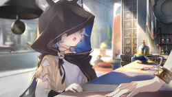2girls absurdres aglaea_(honkai:_star_rail) ancient_greek_clothes animal_ear_fluff animal_ears bad_link bandaged_arm bandages bell black_cloak blue_cloak bracelet cat_ears choker cipher_(honkai:_star_rail) cloak fang game_cg greco-roman_clothes grey_hair highres honkai:_star_rail honkai_(series) hood hood_up jewelry multiple_girls necklace official_art open_mouth out_of_frame shirt short_hair skin_fang table torn_cloak torn_clothes two-sided_fabric white_shirt yellow_nails