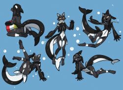 1girl :d ;) ;d animal_ears ass ball barefoot beachball black_fur black_leotard blue_background cetacean_tail commentary english_commentary fang fins fish fish_tail full_body furry highres leotard multiple_views one_eye_closed open_mouth original sideless_leotard smile tail this_is_nulia tongue white_leotard yellow_eyes