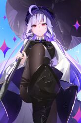 1girl absurdres ahoge black_collar black_nails black_pantyhose black_shoes blue_background breasts closed_mouth collar commentary dated dress english_commentary from_below highres holding holding_umbrella large_breasts long_hair long_sleeves looking_at_viewer multicolored_hair nail_polish pantyhose parasol patterned_legwear purple_hair purple_umbrella red_eyes shoes solo streaked_hair umbrella vivian_banshee voi_271 white_dress zenless_zone_zero