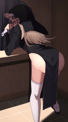 1girl absurdres alternate_costume ass black_dress black_hat black_shoes blush brown_hair colored_eyelashes commentary_request dress fingernails flipped_hair gakuen_idolmaster hat highres idolmaster indoors leaning_forward long_hair long_sleeves no_panties nun orange_eyes pelvic_curtain shinosawa_hiro shoes solo thighhighs tile_floor tiles traditional_nun very_long_hair white_thighhighs wrist_cuffs yui081