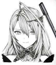 1girl ahoge art_tools_in_frame bare_shoulders closed_mouth commentary completion_time cropped_shoulders double-parted_bangs dress elizabeth_rose_bloodflame elizabeth_rose_bloodflame_(1st_costume) fire greyscale hair_between_eyes hair_ornament high_collar hololive hololive_english huge_ahoge ink_(medium) long_hair looking_at_viewer monochrome nakiri_virus parted_hair photo_(medium) simple_background sleeveless sleeveless_dress smile solo split_mouth thick_eyelashes traditional_media twitter_username virtual_youtuber white_background