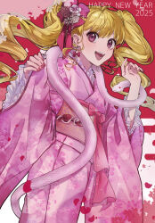 1girl 2025 biscuit_krueger blonde_hair earrings happy_new_year highres hunter_x_hunter japanese_clothes jewelry kimono looking_at_viewer new_year open_mouth pink_kimono pink_nails re_tae44 red_eyes snake solo teeth twintails