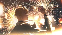 Rule 34 | 1boy, aerial fireworks, arm up, blonde hair, blue eyes, blurry, blurry background, bokeh, coat, depth of field, firework background, fireworks, food, from behind, fruit, highres, holding, holding food, holding fruit, juice, lee hakhyun, looking at object, male focus, omniscient reader&#039;s viewpoint, solo, swept bangs, tack ka 2 0, upper body, white coat