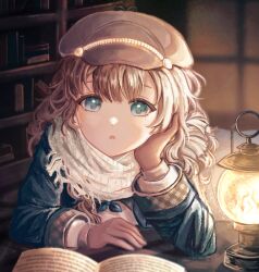 Rule 34 | 1girl, :o, astra (aaastraaaa), blue coat, blue eyes, blue neckerchief, book, bookshelf, brown gloves, brown hair, coat, elbow rest, gloves, grey hat, hand on own cheek, hand on own face, hat, head rest, highres, indoors, lantern, long hair, looking at viewer, marcus (reverse:1999), mole, mole under eye, neckerchief, newsboy cap, open book, reverse:1999, scarf, solo, table, upper body, white scarf