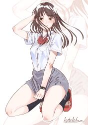 1girl absurdres aihara_akito black_hair breasts clothes_pull floating_hair hair_over_mouth hand_on_own_head highres kneeling long_hair medium_breasts miniskirt natsuki_(new_normal) neck_ribbon new_normal no_mask ribbon school_uniform shoes skirt skirt_pull sneakers socks solo thighs watch wristwatch