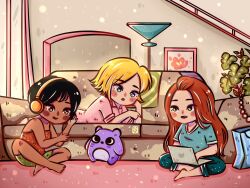 3girls agarjelipuding alex_(totally_spies) black_hair blonde_hair blue_eyes blue_shirt blush_stickers brown_eyes chibi clover_(totally_spies) commentary computer couch english_commentary green_eyes green_shorts headphones highres indoors long_hair multiple_girls on_couch orange_hair pajamas pink_shirt plant potted_plant sam_(totally_spies) shirt short_hair shorts t-shirt totally_spies