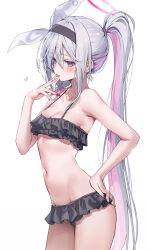 1girl :p alternate_costume alternate_hairstyle bare_shoulders bikini black_bikini black_hairband blue_archive blush breasts collarbone colored_inner_hair commentary fingernails frilled_bikini frills from_side grey_eyes grey_hair hair_between_eyes hairband halo hand_on_own_hip hand_up high_ponytail highres huwari_(dnwls3010) long_hair looking_at_viewer multicolored_hair navel pink_hair plana_(blue_archive) ponytail red_halo simple_background small_breasts solo stomach swimsuit tongue tongue_out very_long_hair white_background