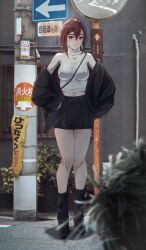 1girl absurdres arrow_(symbol) ayase_momo big_chunger black_boots black_jacket black_shorts boots breasts brown_eyes brown_hair closed_mouth dandadan earrings hair_between_eyes highres jacket jewelry looking_at_viewer medium_breasts road_sign shirt short_shorts shorts sign solo traffic_mirror turtleneck turtleneck_shirt white_shirt