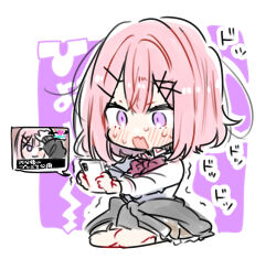1girl amaori_renako bow bowtie cellphone chibi clothes_around_waist collared_shirt commentary_request frilled_skirt frills hair_ornament hairclip holding holding_phone long_sleeves open_mouth phone pink_hair plaid_clothes plaid_skirt purple_background purple_eyes red_bow red_bowtie school_uniform shirt short_hair sitting sketch skirt smartphone solo sound_effects sweat sweater sweater_around_waist takeshima_eku trembling watashi_ga_koibito_ni_nareru_wake_naijan_murimuri! wavy_mouth white_shirt