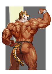 Rule 34 | 1boy, absurdres, animal head, ass, bara, border, clenched hand, clenched hands, commentary request, fake tail, flexing, from behind, grey background, highres, jaguar tail, king (tekken), korean commentary, male focus, muscular, muscular male, solo, tail, tekken, topless male, traver009, veins, veiny arms, white border, wrestler