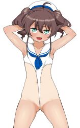 1girl ahoge aqua_eyes armpits arms_behind_head brown_hair flat_chest hair_between_eyes hat hololive looking_at_viewer natsuiro_matsuri navel okunin open_mouth sailor_collar sailor_hat simple_background smile solo stomach sweat swimsuit tan tanline virtual_youtuber white_background