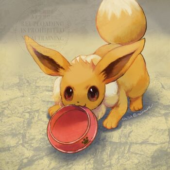 Rule 34 | animal focus, bowl, brown eyes, brown fur, closed mouth, eevee, fluffy, full body, gen 1 pokemon, looking at viewer, momomo12, nintendo, no humans, pet bowl, pokemon, pokemon (creature), pokemon focus, simple background, smile, tail