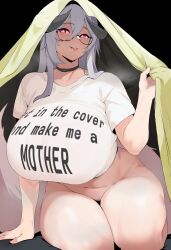 1girl absurdres arm_support black-framed_eyewear black_choker blanket blush bottomless breasts choker clothes_writing coco_(setawar) collarbone cross-shaped_pupils english_text fraeya_(vtuber) glasses grey_hair grey_horns grey_tail hair_between_eyes hair_over_shoulder highres holding holding_blanket horns huge_breasts indie_virtual_youtuber long_hair looking_at_viewer meme mole mole_under_eye navel no_panties no_pants open_mouth pink_eyes semi-rimless_eyewear shirt solo symbol-shaped_pupils t-shirt tail teeth thick_thighs thighs under-rim_eyewear under_covers upper_teeth_only virtual_youtuber white_shirt