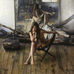 1girl brown_hair chair folding_chair highres indoors interior log long_hair looking_at_viewer mirror nude oil_painting_(medium) original osamuobi painting_(medium) photorealistic realistic solo third-party_source traditional_media wooden_floor