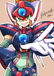 Rule 34 | 1boy, android, armor, axl (mega man), black armor, black helmet, brown background, brown hair, character name, chest jewel, copyright name, cowboy shot, cross scar, forehead jewel, green eyes, helmet, highres, mega man (series), mega man x (series), meshiuma0x, red helmet, scar, scar on face, simple background, smirk, solo, spiked hair, twitter username