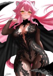 1girl absurdres animal_ears black_dress blush breasts commentary dfswift dress highres hololive hololive_english italian_commentary large_breasts long_hair panther_ears panther_girl panther_tail pink_hair raora_panthera simple_background smile solo tail thighs virtual_youtuber yellow_eyes
