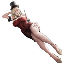 1girl absurdres ankle_tattoo asymmetrical_legwear bare_shoulders black_hat black_lips blonde_hair blue_eyes breasts brown_shoes checkered_clothes checkered_dress chinese_commentary commentary_request covered_navel dress fishnet_thighhighs fishnets full_body hair_intakes hand_in_own_hair hat highres huge_breasts leg_tattoo long_hair lying magician mature_female mismatched_legwear neck_tattoo on_side original red_dress rong767361929 shoes simple_background single_thighhigh skindentation sleeveless sleeveless_dress tattoo thighhighs toe_cleavage top_hat white_background wrist_tattoo