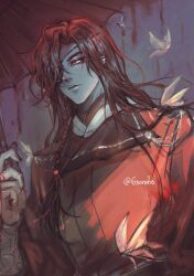 1boy 6norahs bishounen black_hair blood braid bug butterfly chinese_clothes closed_mouth earrings eyepatch hair_over_one_eye hanfu highres holding holding_umbrella hua_cheng insect jewelry long_hair looking_at_viewer male_focus one_eye_covered red_hanfu red_umbrella shade side_braid single_braid solo tianguan_cifu twitter_username umbrella upper_body white_butterfly white_eyes