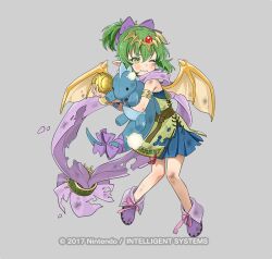 Rule 34 | 1girl, aged down, armlet, clenched teeth, copyright notice, damaged, dragon, dragon girl, dragon wings, fire emblem, fire emblem: mystery of the emblem, fire emblem: shadow dragon and the blade of light, fire emblem heroes, fluff, green eyes, green hair, grey background, holding, holding stuffed toy, jewelry, nintendo, official art, one eye closed, pendant, pink scarf, pointy ears, ponytail, scarf, simple background, solo, stuffed animal, stuffed dragon, stuffed toy, teeth, tiara, tiki (fire emblem), tiki (young) (dragon&#039;s progeny) (fire emblem), torn clothes, tsukana (saba mizore), wings