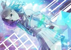 1girl asakura_toru bare_shoulders blue_eyes green_ribbon idolmaster idolmaster_shiny_colors multicolored_hair open_mouth petals ribbon ritsu_i6 short_hair skirt solo suspenders white_sleeves