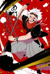 Rule 34 | 1boy, calligraphy brush, classicaloid, giant brush, goggles, goggles on head, green eyes, grey hakama, hakama, ink, ink on face, japanese clothes, looking at viewer, ludwig van beethoven (classicaloid), male focus, moroi (moroiohs), open mouth, paintbrush, short hair, short sleeves, solo, teeth, translation request, white hair, wide sleeves, writing