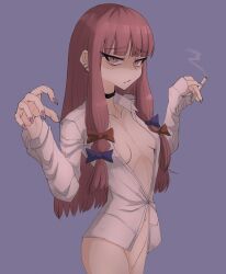 1girl absurdres blue_bow blunt_bangs bow breasts cigarette commentary_request cookie_(touhou) cowboy_shot earrings fingernails grey_background hair_bow highres holding holding_cigarette jewelry long_hair long_sleeves looking_at_viewer multiple_hair_bows naked_shirt navel open_clothes open_mouth open_shirt patchouli_knowledge purple_eyes purple_hair purple_nails pyukasshori red_bow shaded_face shirt simple_background small_breasts solo taisa_(cookie) touhou very_long_hair white_shirt