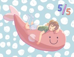1girl :d bare_arms blue_background brown_hair c: colored_inner_hair commentary dated drooling fang feet_up full_body hair_intakes highres lying mouth_drool multicolored_hair no_shoes oka_asahi on_stomach onii-chan_wa_oshimai! open_mouth orange_hair polka_dot polka_dot_background schuler short_hair short_shorts short_sleeves shorts simple_background sleeping smile socks solo stuffed_animal stuffed_fish stuffed_toy two-tone_hair white_shorts white_socks