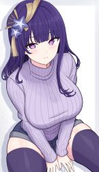 1girl absurdres alternate_costume blue_shorts breasts commentary_request flower genshin_impact hair_flower hair_ornament highres large_breasts long_hair long_sleeves looking_at_another looking_up mole mole_under_eye purple_eyes purple_hair purple_sweater purple_thighhighs raiden_shogun ribbed_sweater shadow short_shorts shorts sitting skindentation smile solo sweater thighhighs turtleneck turtleneck_sweater uchikata_takeaki white_background