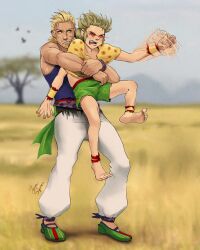 2boys age_difference angry animal_print ankle_wrap armlet attack baggy_pants barefoot belt blonde_hair dirty_blonde facial_hair fang feet fighting_stance final_fantasy final_fantasy_vi floral_print full_body furious gau glowing glowing_eyes green_hair green_shorts highres holding jewelry leopard_print male_focus multiple_boys muscular muscular_male one_leg_raised open_mouth pants red_eyes restrained sabin_rene_figaro sash shawl shoes shorts spots stubble tayasigerson topless_male training waving_arms white_background