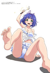 Rule 34 | 1girl, absurdres, apron, ass, bare shoulders, bikini, blush, breasts, cleavage, frilled bikini, frills, green eyes, hair ribbon, highres, izumi hina (neet kunoichi), looking at viewer, magazine scan, medium breasts, megami magazine, navel, neet de otaku na kunoichi to naze ka dousei hajimemashita, official art, open mouth, purple hair, purple ribbon, ribbon, scan, short hair, simple background, soles, solo, spread legs, swimsuit, tearing up, thighs, white apron, white background, white bikini