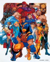 akuma_(street_fighter) beard bengus blonde_hair blue_bodysuit blue_dress blue_hair bodysuit border brown_hair cammy_white capcom cape character_request charlie_nash china_dress chinese_clothes chun-li claw_(weapon) claws cyclops dhalsim dougi dress facial_hair gambit green_bodysuit highres juggernaut_(x-men) ken_masters long_hair m._bison magneto marvel marvel_vs._capcom medium_hair multicolored_hair official_art one-eyed pants red_bodysuit red_pants red_tunic rogue_(x-men) ryu_(street_fighter) sabertooth_(x-men) short_hair storm_(x-men) street_fighter tunic two-tone_bodysuit two-tone_hair weapon white_border white_cape white_hair white_pants white_tunic wolverine_(x-men) x-men x-men_vs._street_fighter yellow_bodysuit zangief