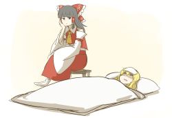 2girls :/ absurdres ascot bad_id bad_twitter_id black_hair blonde_hair blunt_bangs bored commentary d: detached_sleeves frown hakurei_reimu head_rest highres hime_cut kankan33333 kirisame_marisa multiple_girls open_mouth shaded_face sick sitting skirt socks stool touhou under_covers yellow_ascot yellow_eyes