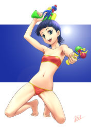 00s 1girl :d aqua_eyes armpits bandeau barefoot bikini blue_hair character_request dual_wielding feet female_focus flat_chest foreshortening groin_tendon gunparade_orchestra holding kneeling lens_flare mcq navel open_mouth orange_bandeau orange_bikini orange_tube_top purple_hair short_hair signature skindentation smile solo strapless string_bikini sun swimsuit tube_top water_gun
