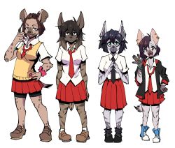 4girls brown_eyes brown_hair furry green_eyes hyena looking_at_viewer multicolored_hair multiple_girls purple_hair rakugakism red_eyes school_uniform short_hair smile spotted_hyena two-tone_hair