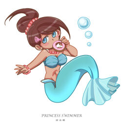 1girl air_bubble alternate_costume asahina_aoi bead_bracelet bead_necklace beads blue_eyes blush blush_stickers bracelet breasts brown_hair bubble cleavage commentary_request danganronpa:_trigger_happy_havoc danganronpa_(series) dark-skinned_female dark_skin donut english_text eyelashes food full_body holding holding_donut holding_food jewelry koutei_penko mermaid mixed-language_text monster_girl navel necklace ponytail princess shell_hair_ornament simple_background solo stomach tan white_background