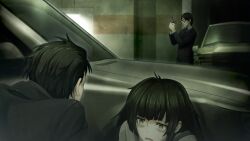1girl 2boys black_hair black_jacket black_shirt black_suit blunt_bangs car clothing_request collar collared_shirt crying crying_with_eyes_open dress ears_visible_through_hair formal_clothes game_cg glasses green_collar green_dress green_eyes green_hair green_trim gun handgun hiding highres hiyajou_maho holding holding_gun holding_weapon huke indoors jacket long_hair long_sleeves messy_hair motor_vehicle mr._cateaux multiple_boys non-web_source official_art okabe_rintarou okabe_rintarou_(beta) opaque_glasses open_mouth ringed_eyes scared shirt short_hair slouching steins;gate steins;gate_0 suit tearing_up tears tongue very_long_hair weapon white_shirt