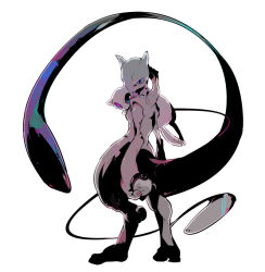 1other blue_eyes commentary full_body gen_1_pokemon holding holding_poke_ball legendary_pokemon looking_at_viewer looking_back mew_(pokemon) mewtwo mythical_pokemon nintendo poke_ball poke_ball_(basic) pokemon pokemon_(creature) simple_background standing tetori white_background