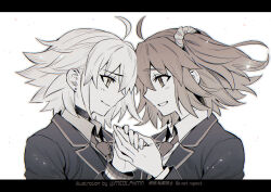 2girls ahoge blazer collar ear_piercing fate/grand_order fate_(series) fujimaru_ritsuka_(female) holding_hands jacket jeanne_d&#039;arc_alter_(fate) meiji_ken multiple_girls necktie piercing school_uniform scrunchie shirt short_hair simple_background smile white_background white_shirt yuri