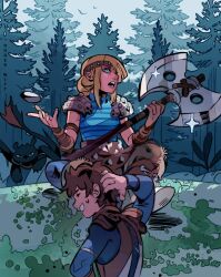 Rule 34 | 1boy, 1girl, armor, astrid hofferson, axe, battle axe, black dragon, blonde hair, blue eyes, blue shirt, bracer, brown hair, circlet, closed eyes, commentary, forest, hiccup horrendous haddock iii, holding, holding axe, how to train your dragon (series), nature, open mouth, outdoors, pauldrons, rogerwitt, shirt, short hair, shoulder armor, smile, sparkle, sweatdrop, toothless, tree, weapon