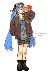 1girl alternate_eye_color annotated arrow_(symbol) baseball_cap black_boots blue_hair blush boots bottle brown_eyes brown_hat brown_jacket cold commentary detroit_lions drink drinking english_commentary english_text eyes_visible_through_hair faygo green_shorts grey_shirt hair_behind_ear hair_over_one_eye hair_ribbon hand_in_pocket hand_up hat hatsune_miku holding holding_bottle holding_drink hoof_de_peet jacket long_hair long_sleeves looking_at_viewer michigan motion_lines nose_blush open_clothes open_jacket orange_ribbon print_shirt red_trim ribbon shirt shorts simple_background single_vertical_stripe sketch soda soda_bottle solo standing t-shirt twintails very_long_hair vocaloid white_background work_boots worldwide_miku