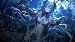 absurdres air_bubble artist_request blue_hair bubble commentary detexted english_commentary highres horns lamia_(pgr) looking_at_viewer mermaid monster_girl official_art pink_eyes punishing:_gray_raven reaching reaching_towards_viewer ripples third-party_edit third-party_source underwater