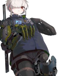 1girl absurdres cyborg hair_over_one_eye highres joints original prosthesis prosthetic_arm prosthetic_leg red_eyes robot_joints science_fiction short_hair shorts solo very_short_hair vest white_background white_hair yunimaru zipper_pull_tab