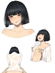 1boy 1girl black_hair bob_cut chinese_commentary commentary_request drooling flat_chest from_behind heiya_desu highres implied_sex limbus_company messy_hair mouth_drool nipple_stimulation nipple_tweak nipple_tweak_through_clothes nipples nude open_mouth pov pov_hands project_moon red_eyes ryoshu_(project_moon) sex sex_from_behind shirt short_hair simple_background solo_focus steaming_body white_background white_shirt