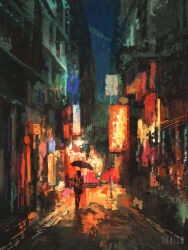 Rule 34 | 1girl, alley, black dress, black hair, blue sky, building, cityscape, dkaism, dress, glowing, holding, holding umbrella, neon lights, night, original, painterly, rain, reflective floor, short dress, sky, solo, umbrella, walking