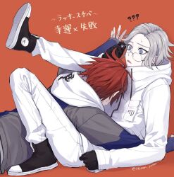 2boys ? ahoge aotsuki_eito between_legs black_gloves black_shoes blue_eyes clenched_hand glasses gloves grey_hair grey_jacket hood hooded_jacket hoodie jacket male_focus multiple_boys open_mouth orange_background pants red_hair seiran_yoroz shoes sumino_takumi sweat the_hundred_line_-last_defense_academy- twitter_username white_hoodie white_jacket white_pants