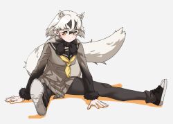 1girl animal_ear_fluff badger_ears badger_girl badger_tail black_fur black_hair black_pantyhose black_sailor_collar black_shoes blush commentary extra_ears full_body fur-trimmed_sleeves fur_trim gradient_sleeves grey_background grey_skirt japanese_badger_(kemono_friends) kemono_friends long_sleeves looking_at_viewer multicolored_hair neckerchief pantyhose pleated_skirt sailor_collar school_uniform serafuku shoe_soles shoes short_hair simple_background sitting skirt sneakers solo sweater_around_neck tanabe_(fueisei) two-tone_hair white_hair yellow_eyes yellow_neckerchief