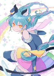 Rule 34 | 1girl, absurdres, animal ears, blue gloves, blue hair, braid, cat ears, cat girl, commentary request, cure cosmo, earrings, elbow gloves, extra ears, fur-trimmed gloves, fur trim, gloves, hat, highres, jewelry, long hair, magical girl, mini hat, mini top hat, multicolored hair, precure, rainbow skirt, shipu (gassyumaron), smile, solo, star twinkle precure, streaked hair, tail, tail ornament, tail ring, top hat, triangle earrings, twin braids, yellow eyes, yuni (precure)