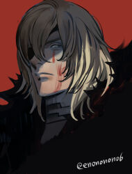 1boy armor black_armor blood blood_on_face breastplate closed_mouth commentary_request dimitri_alexandre_blaiddyd dimitri_alexandre_blaiddyd_(timeskip) enononono6 eyepatch fire_emblem fire_emblem:_three_houses frown hair_between_eyes looking_to_the_side male_focus medium_hair nintendo one_eye_covered parted_bangs red_background sideways_glance simple_background solo twitter_username upper_body