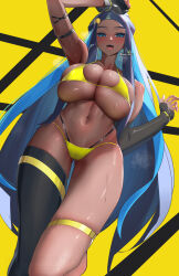 Rule 34 | 1girl, bare shoulders, bikini, blue eyes, blush, breasts, cleavage, dark-skinned female, dark skin, gloves, haska (user gure4787), highres, large breasts, long hair, looking at viewer, multicolored hair, navel, nessa (pokemon), nintendo, open mouth, pokemon, pokemon swsh, skindentation, smile, solo, swimsuit, two-tone hair, yellow bikini
