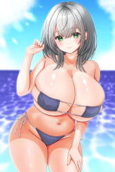 1girl absurdres bare_arms bikini black_bikini blue_sky blurry blurry_background breasts cleavage closed_mouth cloud collarbone curvy day eyepatch_bikini green_eyes grey_hair highres hololive horizon huge_breasts large_breasts looking_at_viewer medium_hair nabeshiita_(atsuryoku_nabe) navel ocean outdoors shirogane_noel side-tie_bikini_bottom sidelocks sky smile solo swimsuit